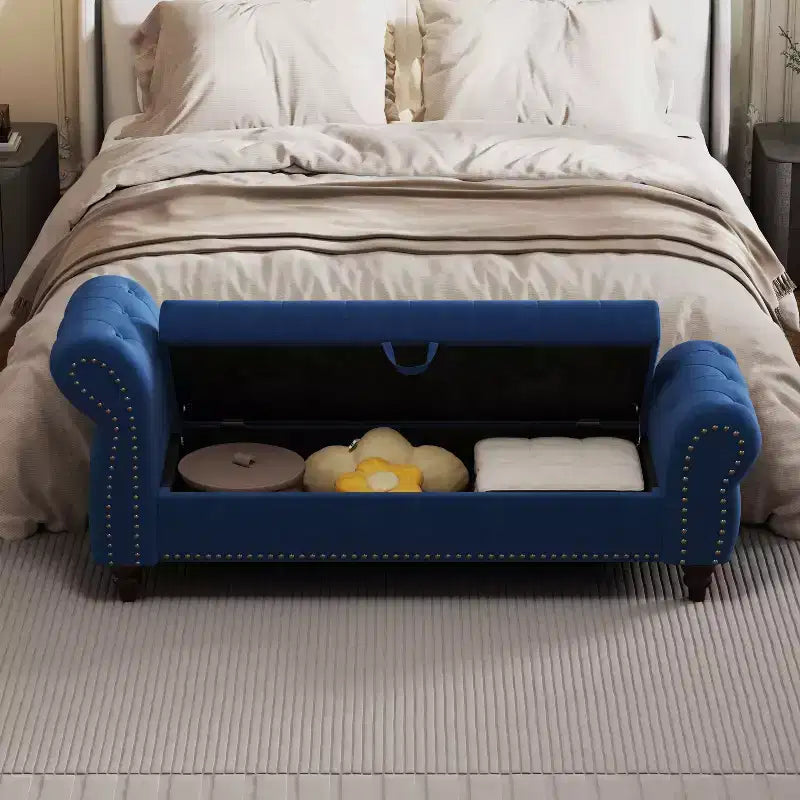 Panca da letto TUYOHW per camera da letto, chaise longue imbottita con bottoni e contenitore, blu navy