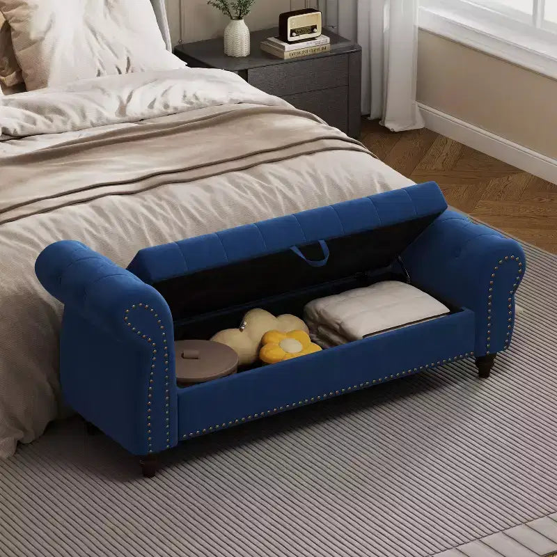 Panca da letto TUYOHW per camera da letto, chaise longue imbottita con bottoni e contenitore, blu navy