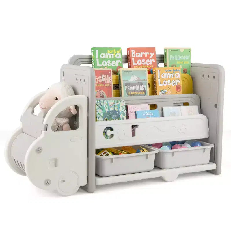 Costway 3 livelli giocattolo per bambini e libreria con 2 contenitori decorativo a forma di auto