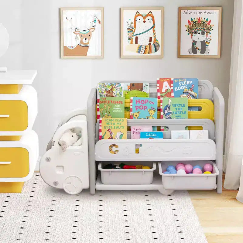 Costway 3 livelli giocattolo per bambini e libreria con 2 contenitori decorativo a forma di auto