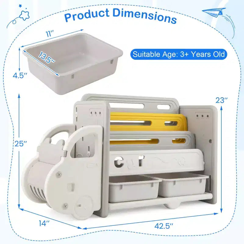 Costway 3 livelli giocattolo per bambini e libreria con 2 contenitori decorativo a forma di auto