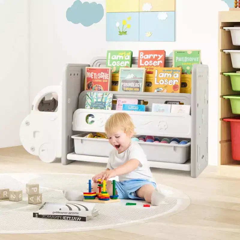 Costway 3 livelli giocattolo per bambini e libreria con 2 contenitori decorativo a forma di auto