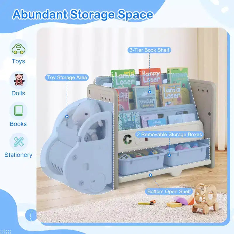 Costway 3 livelli giocattolo per bambini e libreria con 2 contenitori decorativo a forma di auto