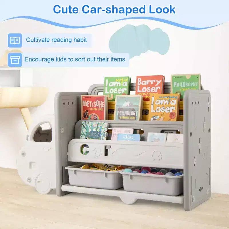 Costway 3 livelli giocattolo per bambini e libreria con 2 contenitori decorativo a forma di auto
