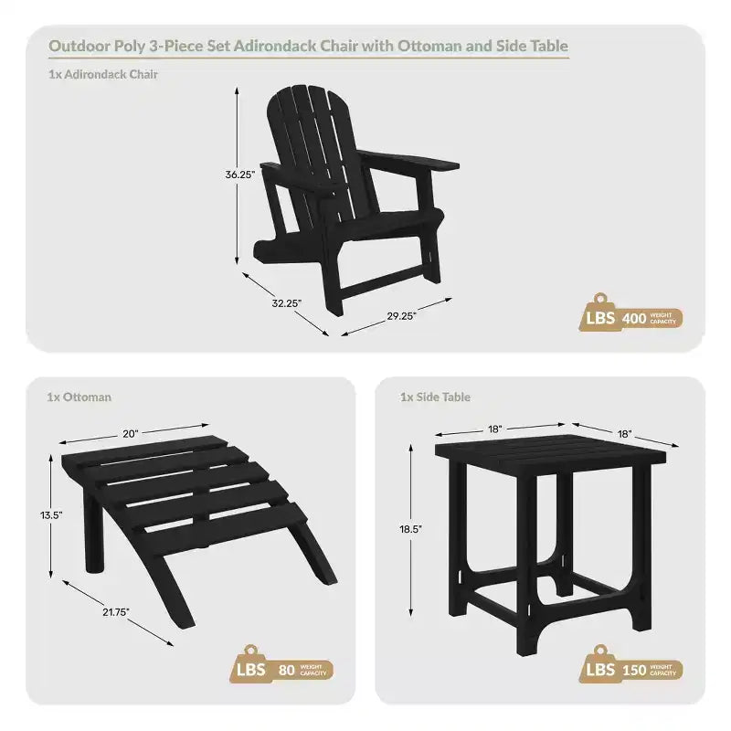 WestinTrends Azura, Set da 3 Pezzi di Sedie da Giardino Adirondack in Plastica HDPE con Tavolino Laterale Quadrato da 45 cm