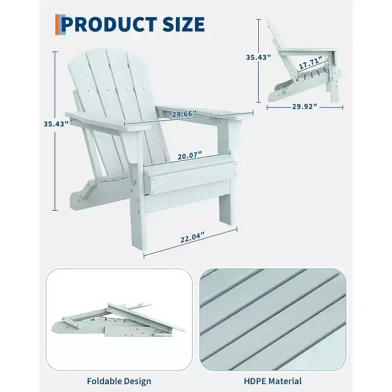 Folding Adirondack Chair Set of 4, HDPE Plastic Weather Resistant Oversized Outdoor Chair for Patio, Lawn, Garden, Backyard, Deck, 380 Lb Support