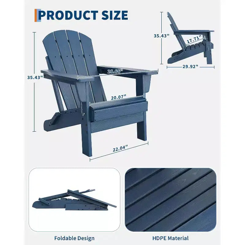 Folding Adirondack Chair Set of 4, HDPE Plastic Weather Resistant Oversized Outdoor Chair for Patio, Lawn, Garden, Backyard, Deck, 380 Lb Support