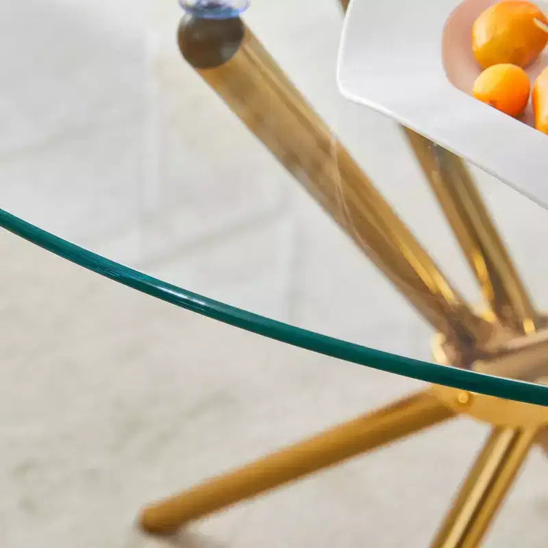 Tavolo da pranzo rotondo Okak, moderno, in vetro temperato, per 4 persone, con base incrociata in metallo, per sala da pranzo, soggiorno, ufficio, cucina