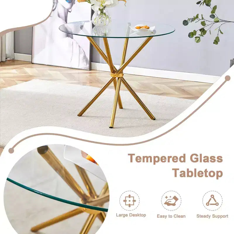 Tavolo da pranzo rotondo Okak, moderno, in vetro temperato, per 4 persone, con base incrociata in metallo, per sala da pranzo, soggiorno, ufficio, cucina