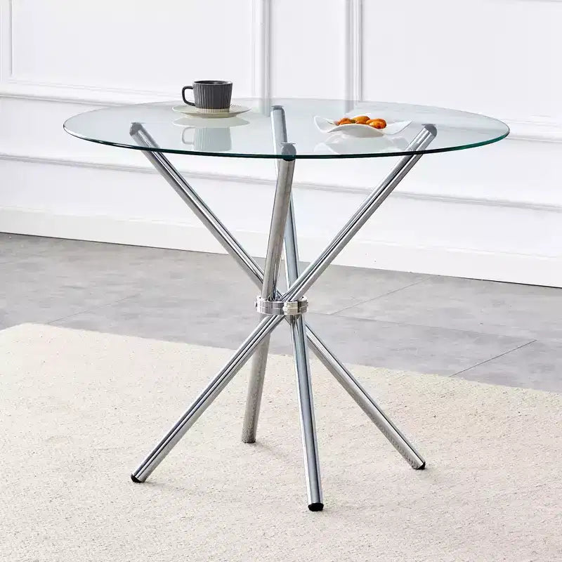 Tavolo da pranzo rotondo Okak, moderno, in vetro temperato, per 4 persone, con base incrociata in metallo, per sala da pranzo, soggiorno, ufficio, cucina