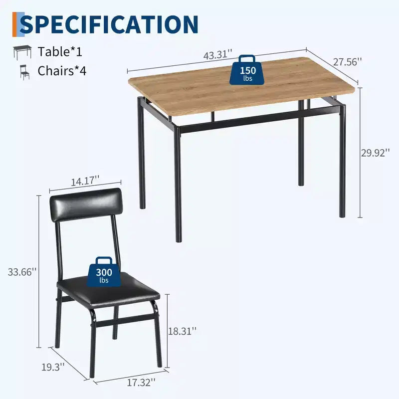 Set da pranzo da 5 pezzi, set da tavolo da cucina in legno con 4 sedie imbottite in PU, set da pranzo industriale con struttura in metallo, marrone