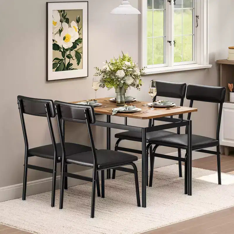 Set da pranzo da 5 pezzi, set da tavolo da cucina in legno con 4 sedie imbottite in PU, set da pranzo industriale con struttura in metallo, marrone