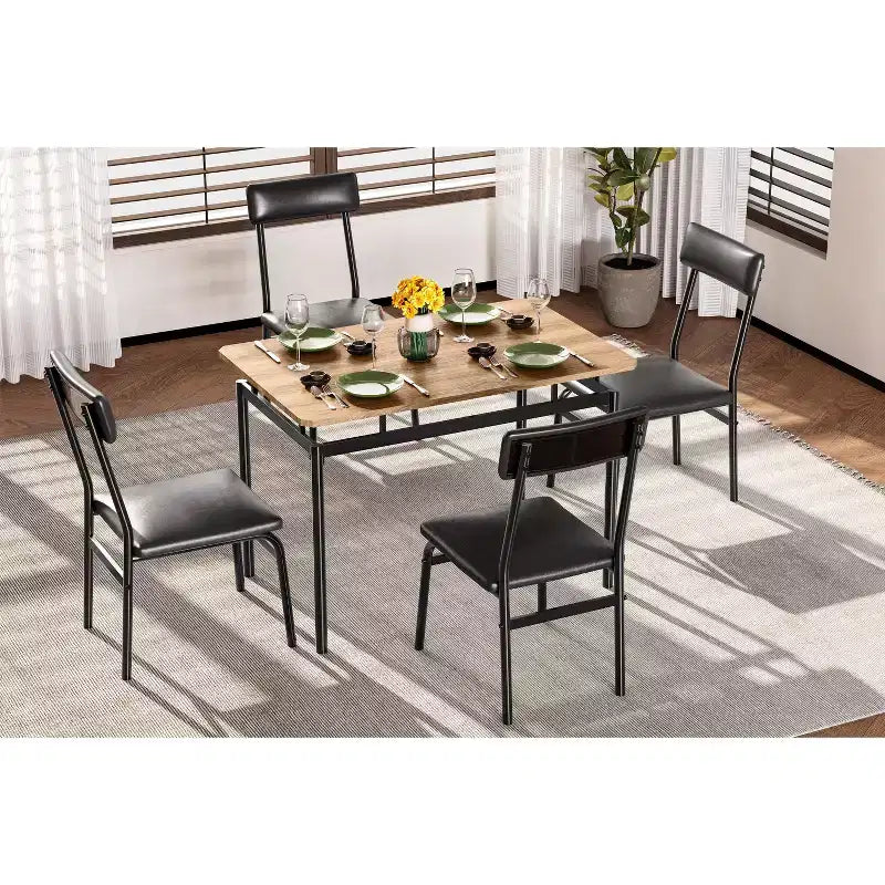 Set da pranzo da 5 pezzi, set da tavolo da cucina in legno con 4 sedie imbottite in PU, set da pranzo industriale con struttura in metallo, marrone