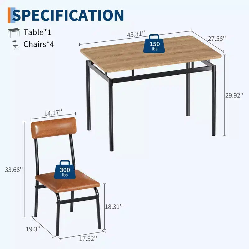 Set da pranzo da 5 pezzi, set da tavolo da cucina in legno con 4 sedie imbottite in PU, set da pranzo industriale con struttura in metallo, marrone