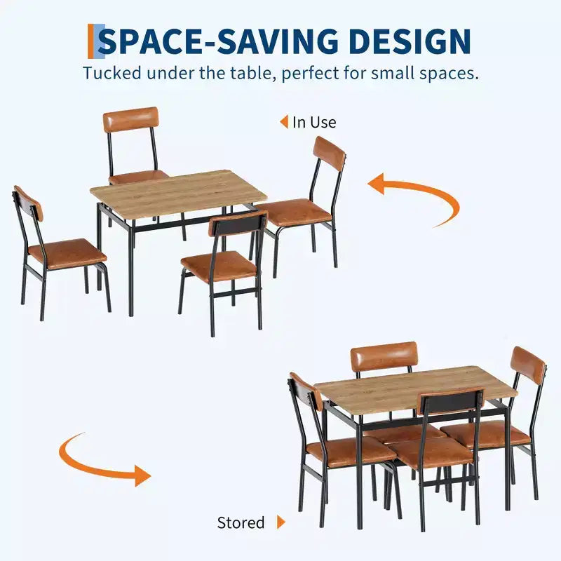 Set da pranzo da 5 pezzi, set da tavolo da cucina in legno con 4 sedie imbottite in PU, set da pranzo industriale con struttura in metallo, marrone