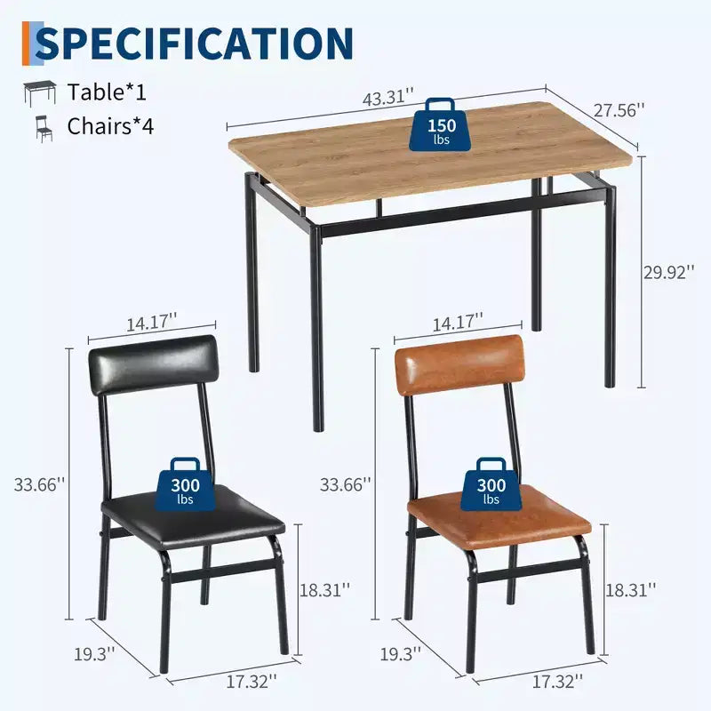 Set da pranzo da 5 pezzi, set da tavolo da cucina in legno con 4 sedie imbottite in PU, set da pranzo industriale con struttura in metallo, marrone