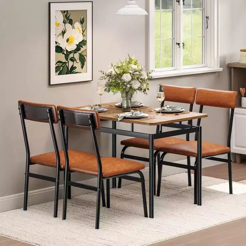Set da pranzo da 5 pezzi, set da tavolo da cucina in legno con 4 sedie imbottite in PU, set da pranzo industriale con struttura in metallo, marrone