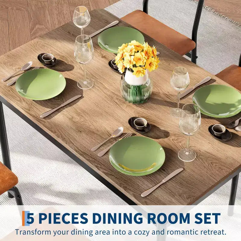Set da pranzo da 5 pezzi, set da tavolo da cucina in legno con 4 sedie imbottite in PU, set da pranzo industriale con struttura in metallo, marrone