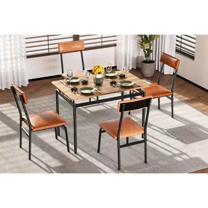 Set da pranzo da 5 pezzi, set da tavolo da cucina in legno con 4 sedie imbottite in PU, set da pranzo industriale con struttura in metallo, marrone