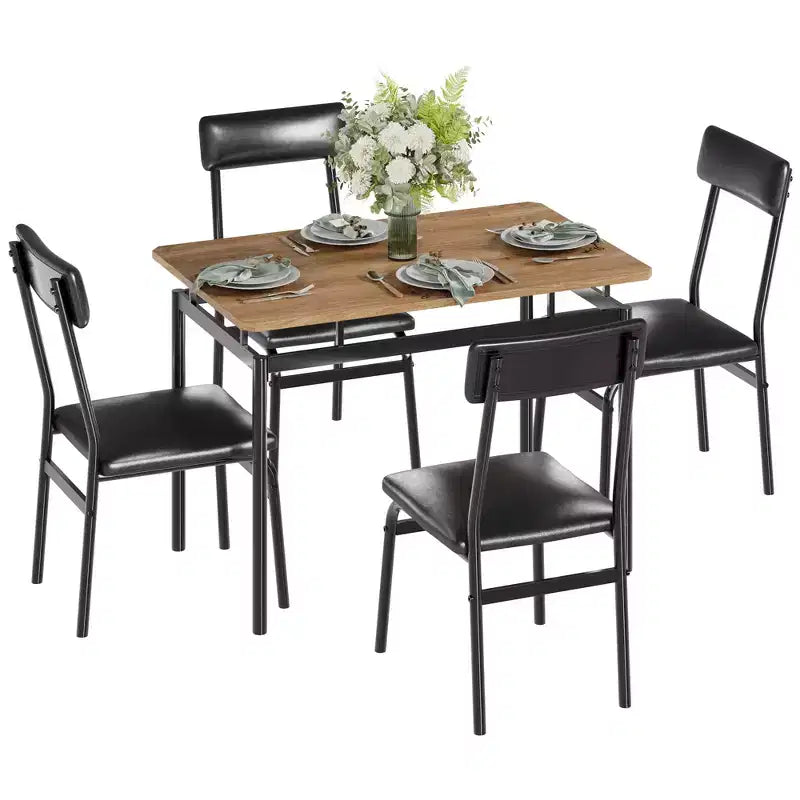 Set da pranzo da 5 pezzi, set da tavolo da cucina in legno con 4 sedie imbottite in PU, set da pranzo industriale con struttura in metallo, marrone