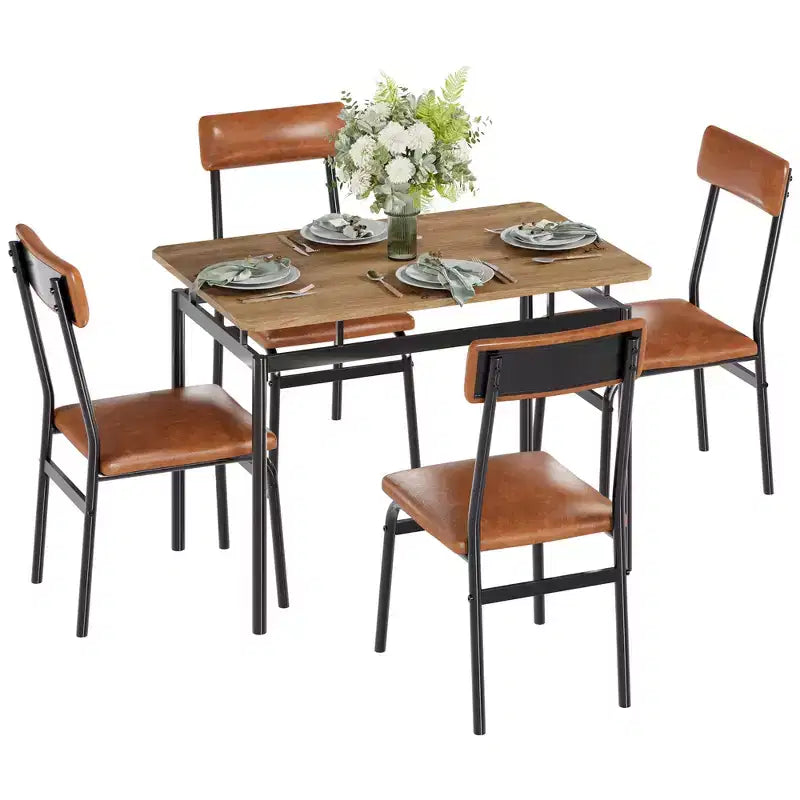 Set da pranzo da 5 pezzi, set da tavolo da cucina in legno con 4 sedie imbottite in PU, set da pranzo industriale con struttura in metallo, marrone