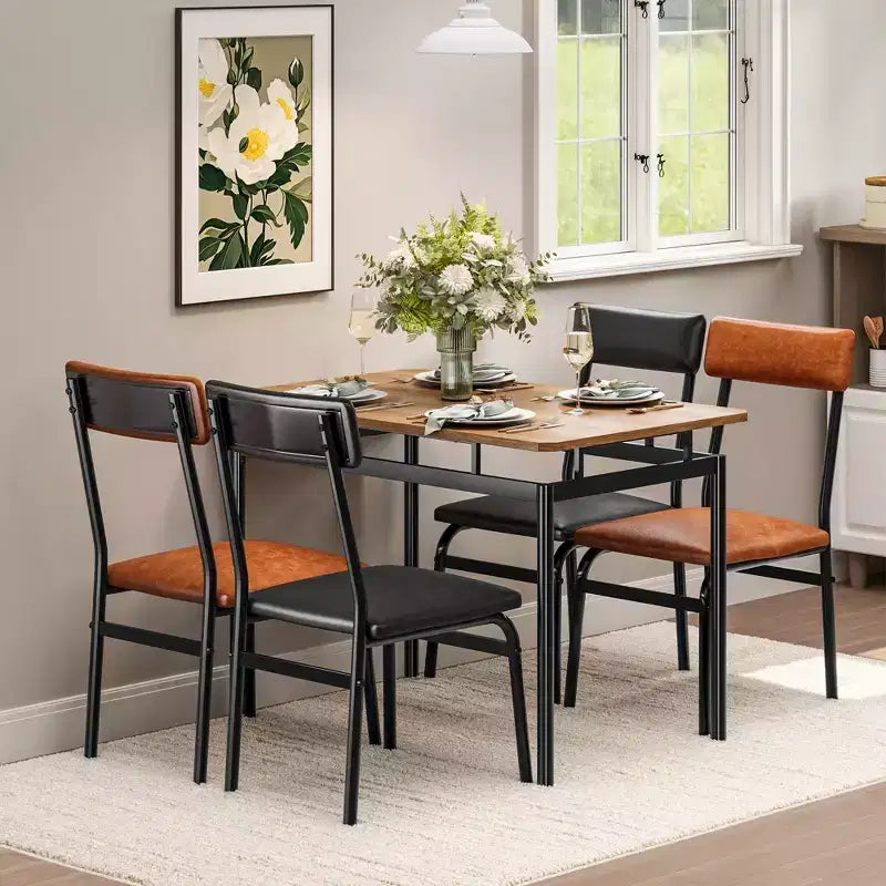 Set da pranzo da 5 pezzi, set da tavolo da cucina in legno con 4 sedie imbottite in PU, set da pranzo industriale con struttura in metallo, marrone