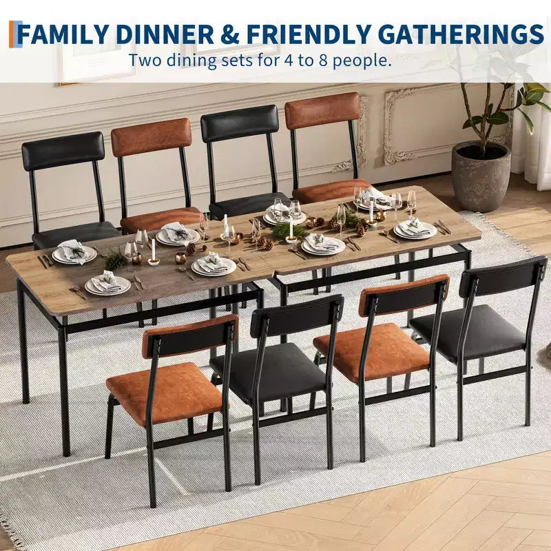 Set da pranzo da 5 pezzi, set da tavolo da cucina in legno con 4 sedie imbottite in PU, set da pranzo industriale con struttura in metallo, marrone