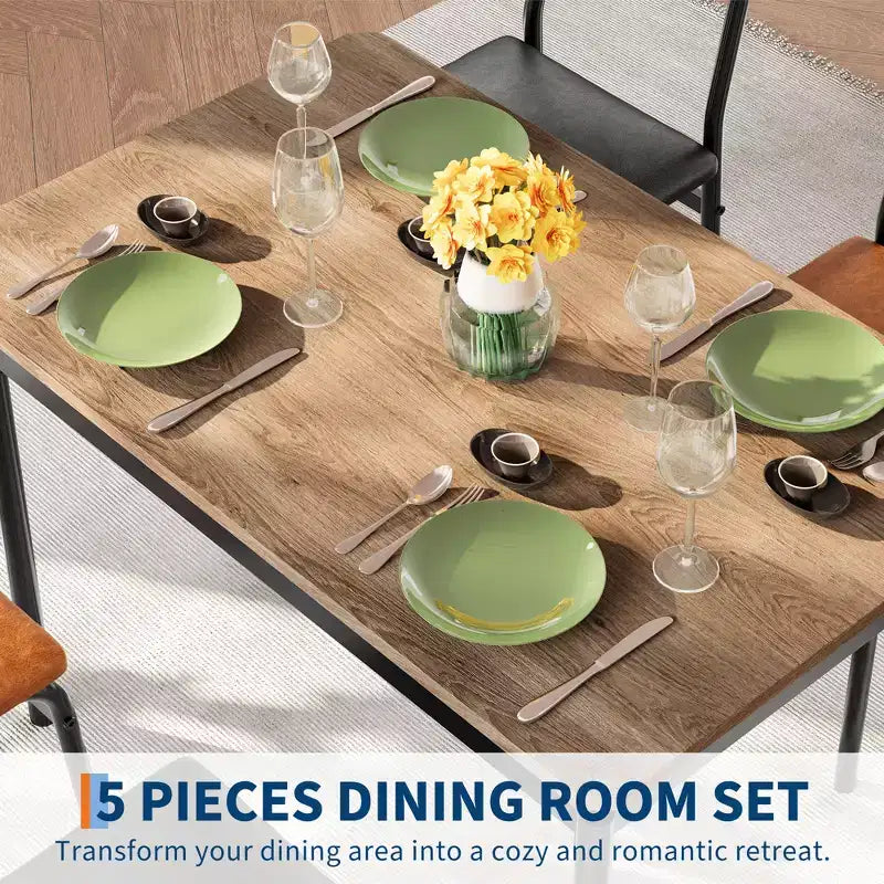 Set da pranzo da 5 pezzi, set da tavolo da cucina in legno con 4 sedie imbottite in PU, set da pranzo industriale con struttura in metallo, marrone