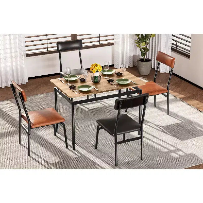 Set da pranzo da 5 pezzi, set da tavolo da cucina in legno con 4 sedie imbottite in PU, set da pranzo industriale con struttura in metallo, marrone