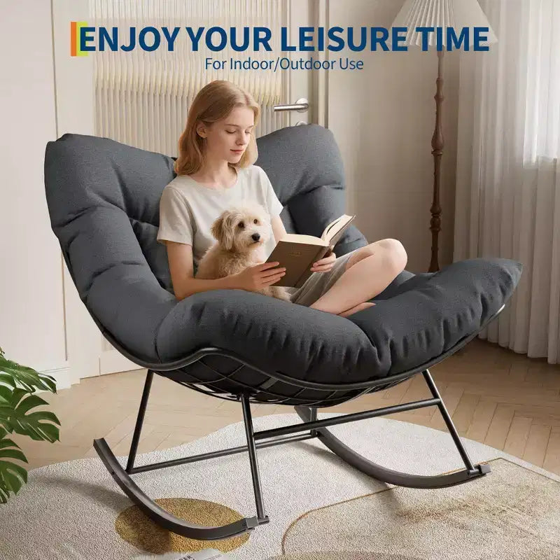 TROPOW Outdoor Papasan Rocking Chair, Oversized Patio Wicker Egg Chair with Soft Thick Cushio, Lounge Rocker, Comfy Reading Chairs for Balcony