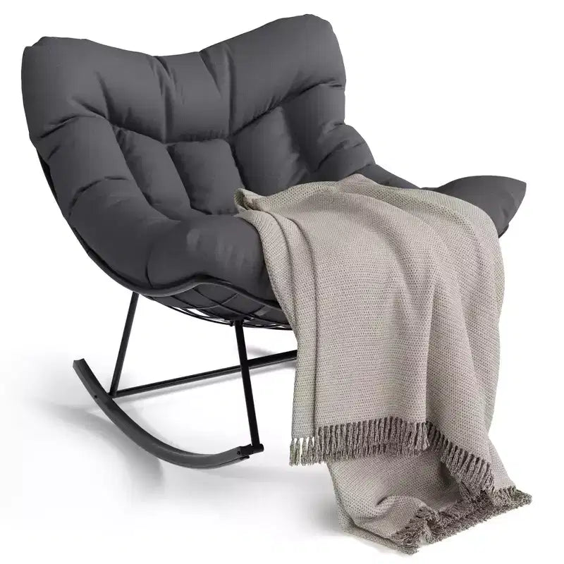 TROPOW Outdoor Papasan Rocking Chair, Oversized Patio Wicker Egg Chair with Soft Thick Cushio, Lounge Rocker, Comfy Reading Chairs for Balcony