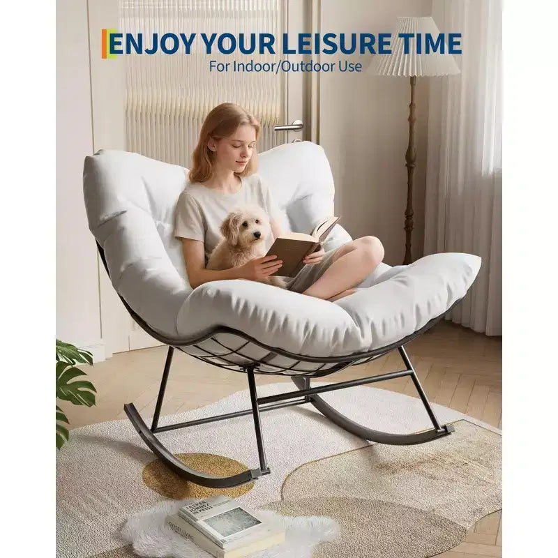 TROPOW Outdoor Papasan Rocking Chair, Oversized Patio Wicker Egg Chair with Soft Thick Cushio, Lounge Rocker, Comfy Reading Chairs for Balcony