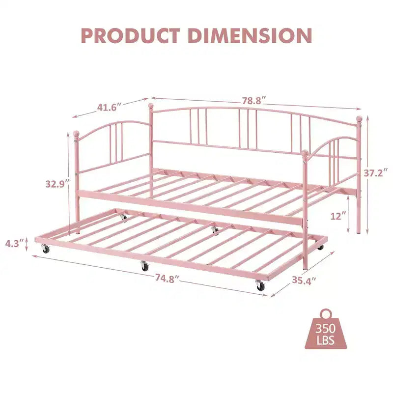 GustoWave Twin Size Metal Daybed with Trundle and Steel Slat Support, Twin Sofa Bed with Arched Headboard