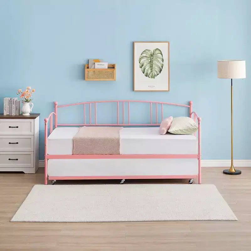 GustoWave Twin Size Metal Daybed with Trundle and Steel Slat Support, Twin Sofa Bed with Arched Headboard