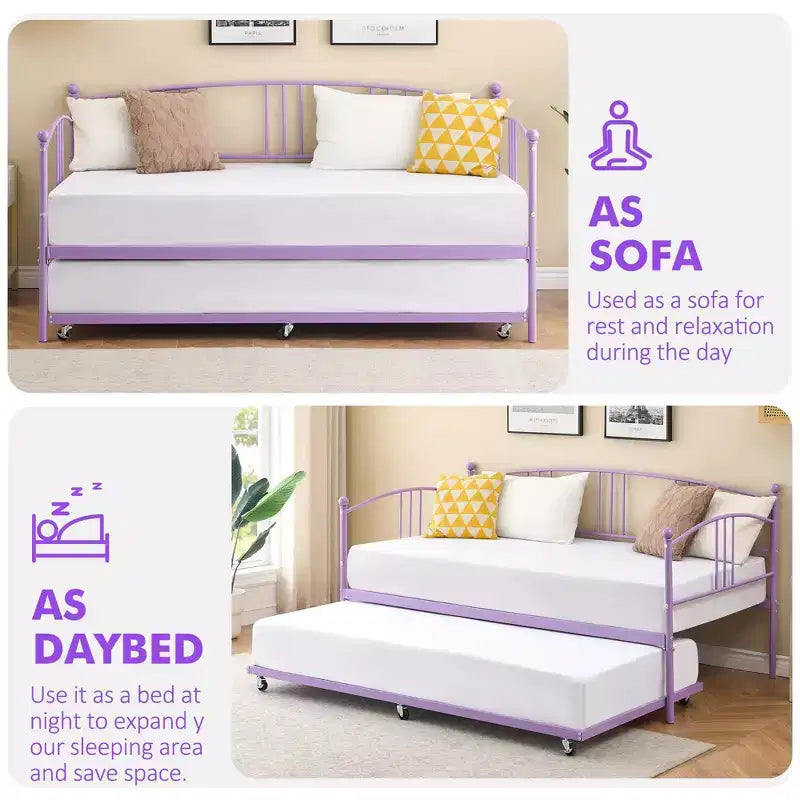 GustoWave Twin Size Metal Daybed with Trundle and Steel Slat Support, Twin Sofa Bed with Arched Headboard