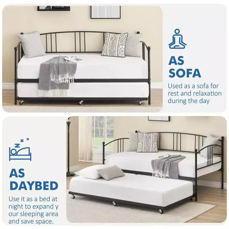 GustoWave Twin Size Metal Daybed with Trundle and Steel Slat Support, Twin Sofa Bed with Arched Headboard
