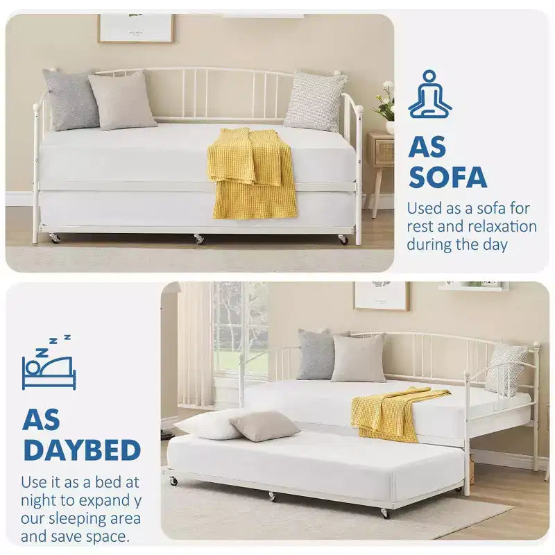 GustoWave Twin Size Metal Daybed with Trundle and Steel Slat Support, Twin Sofa Bed with Arched Headboard