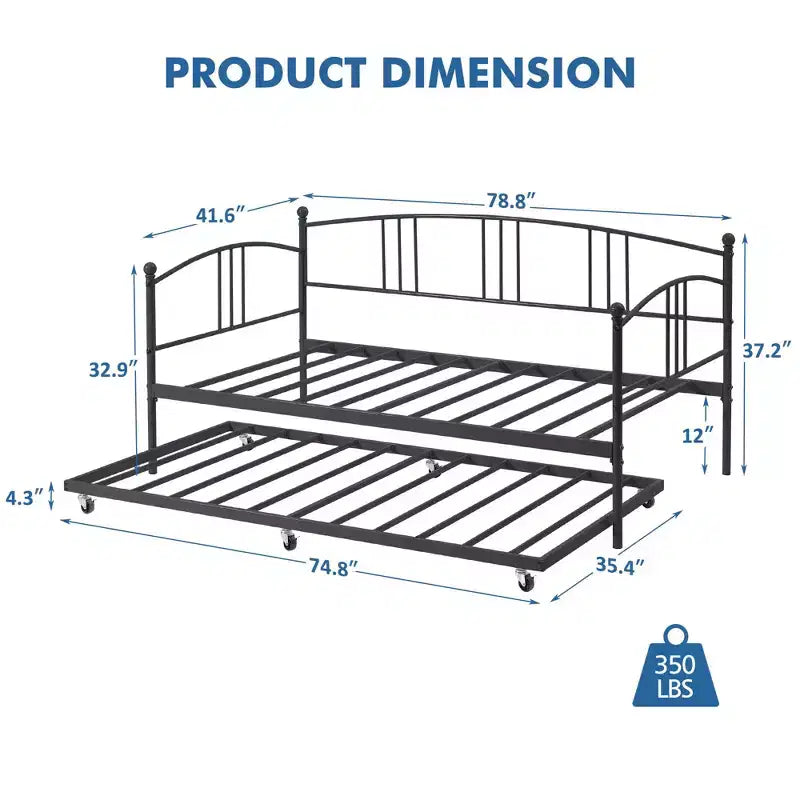 GustoWave Twin Size Metal Daybed with Trundle and Steel Slat Support, Twin Sofa Bed with Arched Headboard