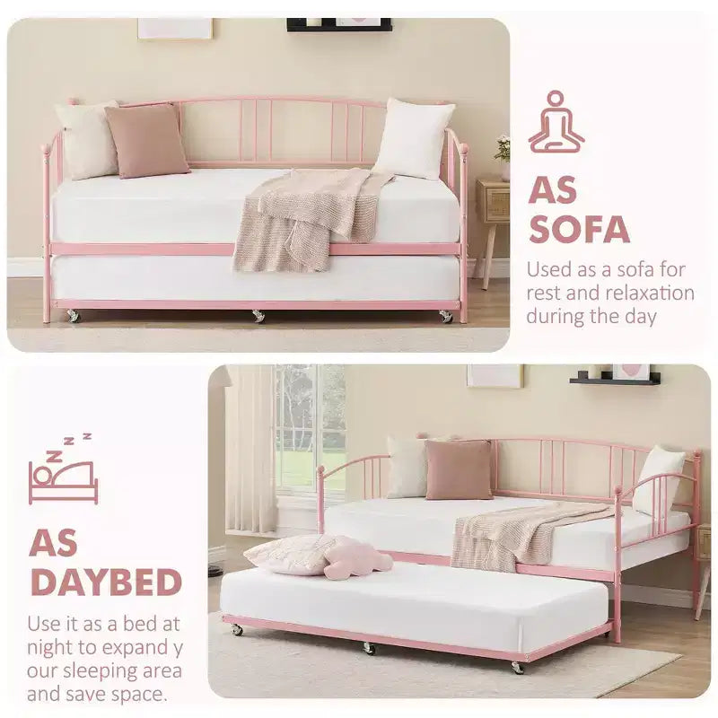 GustoWave Twin Size Metal Daybed with Trundle and Steel Slat Support, Twin Sofa Bed with Arched Headboard