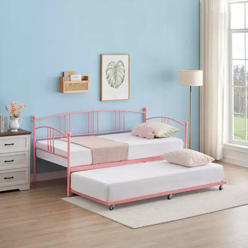 GustoWave Twin Size Metal Daybed with Trundle and Steel Slat Support, Twin Sofa Bed with Arched Headboard