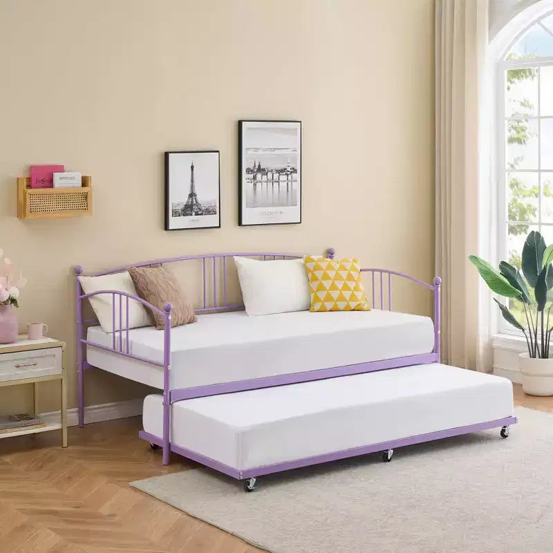GustoWave Twin Size Metal Daybed with Trundle and Steel Slat Support, Twin Sofa Bed with Arched Headboard