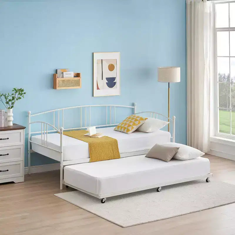 GustoWave Twin Size Metal Daybed with Trundle and Steel Slat Support, Twin Sofa Bed with Arched Headboard
