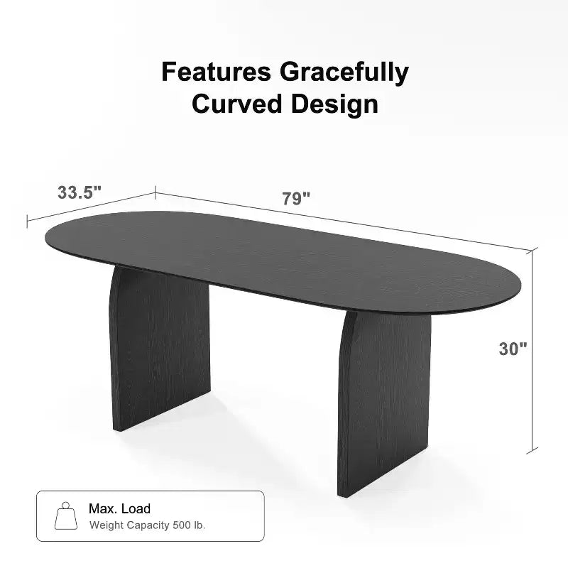 79 Farmhouse Oval Black Dining Table for 6-8 People with Round Arched Table Legs for Dining Room and Living Room