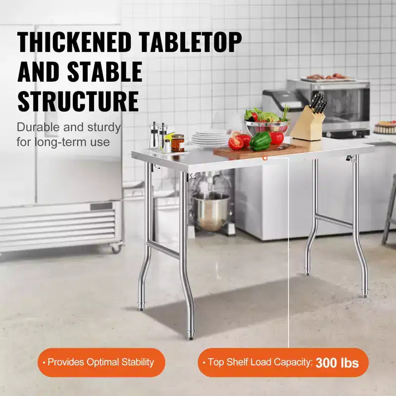 VEVOR Folding Commercial Prep Table, 48 x 24 Inch Commercial Worktable Workstation,Heavy-duty Stainless Steel Folding Table with 300 lbs Load,Silver