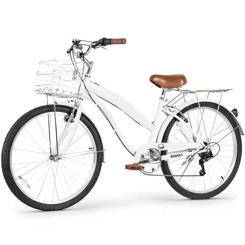 hykolity 26 Bicicletta da pendolare, bici da spiaggia, city bike, 7 velocità per adulti, cestino anteriore, portapacchi posteriore, multicolore