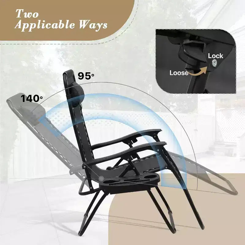 Set di 2 sedie a sdraio a gravità zero Summit Adventure - Recliner da 25" di larghezza con portabicchieri per piscina/patio (nero)