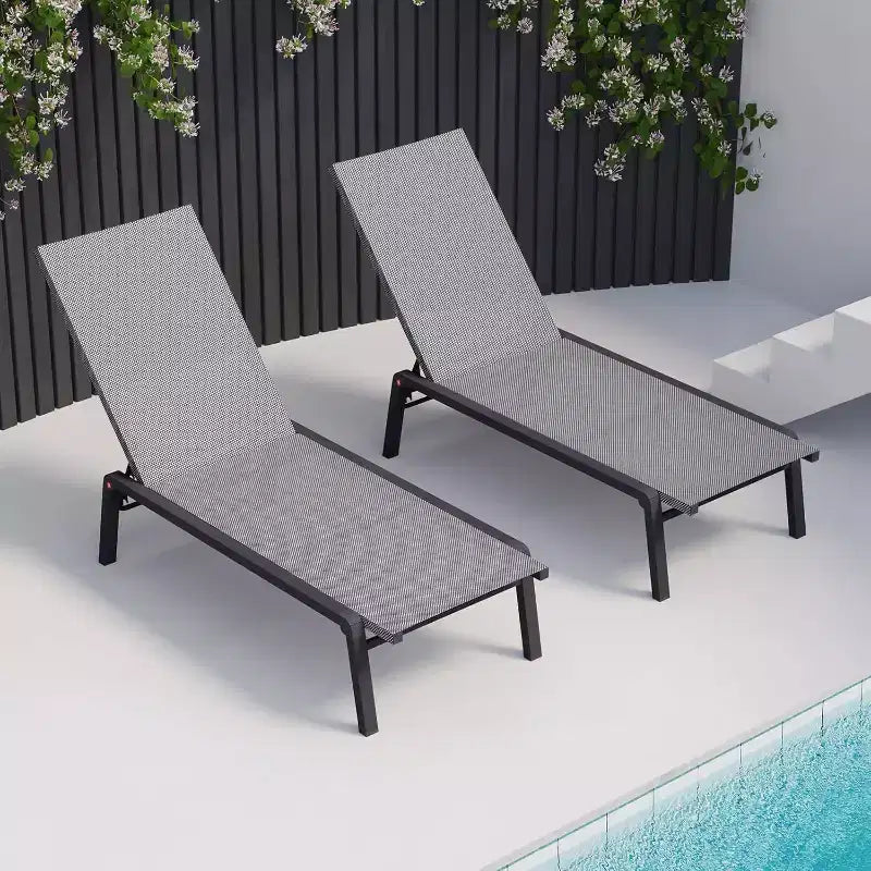 Summit Adventure Set of 2 Foldable Aluminum Chaise Lounges - 4-Position Adjustable Recliners for Pool & Patio (Grey)