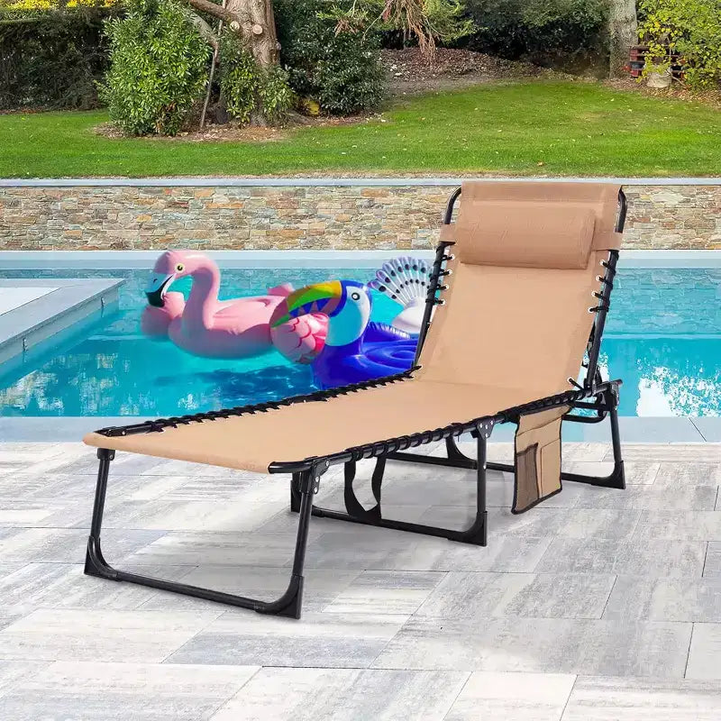 Summit Adventure Lettino Pieghevole per Carichi Pesanti 400 libbre - Reclinabile Regolabile con Cuscino per Patio, Piscina e Campeggio (Beige)