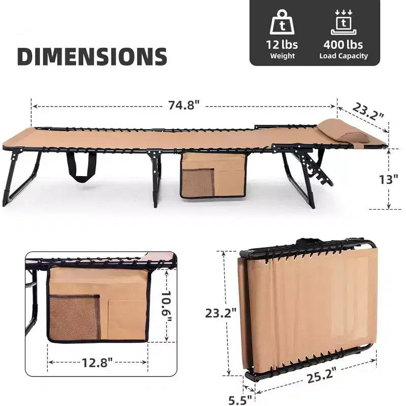 Summit Adventure Lettino Pieghevole per Carichi Pesanti 400 libbre - Reclinabile Regolabile con Cuscino per Patio, Piscina e Campeggio (Beige)