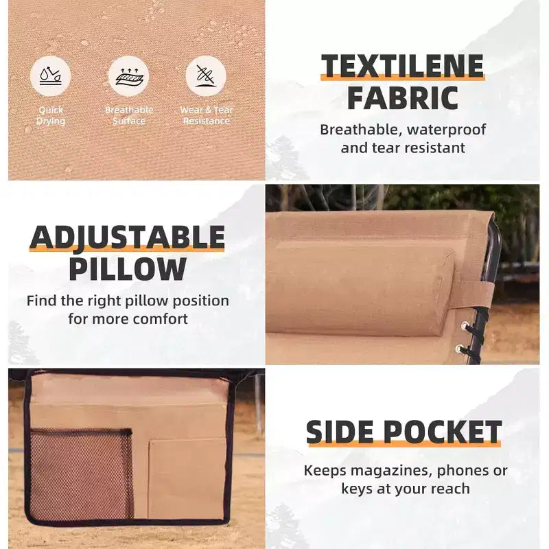 Summit Adventure Lettino Pieghevole per Carichi Pesanti 400 libbre - Reclinabile Regolabile con Cuscino per Patio, Piscina e Campeggio (Beige)